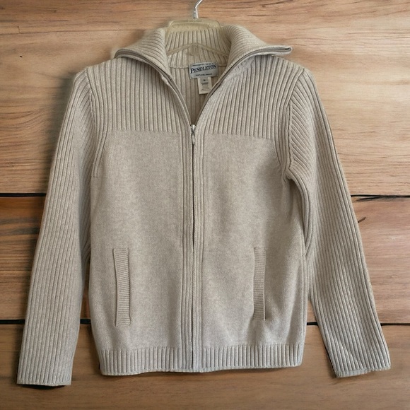 Vintage Pendleton Cable Knit Ribbed Cardigan Turtleneck Front Zip Size M…Brown - Picture 6 of 11